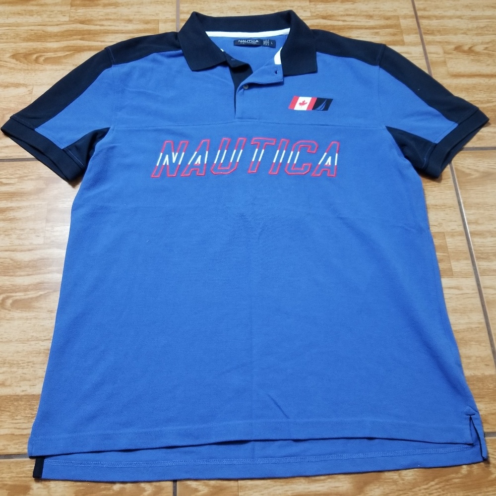 Nautica Blue Canada Big Flag Polo Shirt Size Large